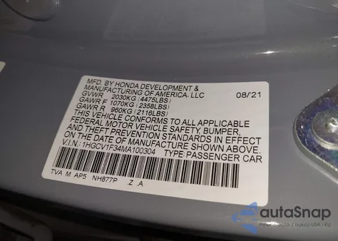 2021 Honda Accord Sport из США, поврежденный, VIN 1HGCV1F34MA100304